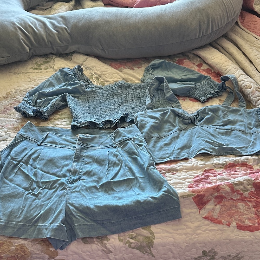 Blue Smocked Top and Shorts Set size 12 in short, size 14 in tank, size L ruffle